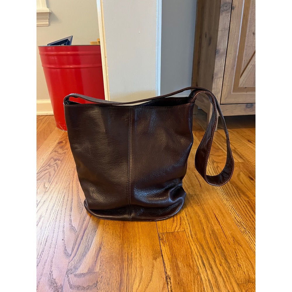 VTG 90s Dark Brown Leather Bucket Bag Wide Strap Hobo Shoulder Leather Bag